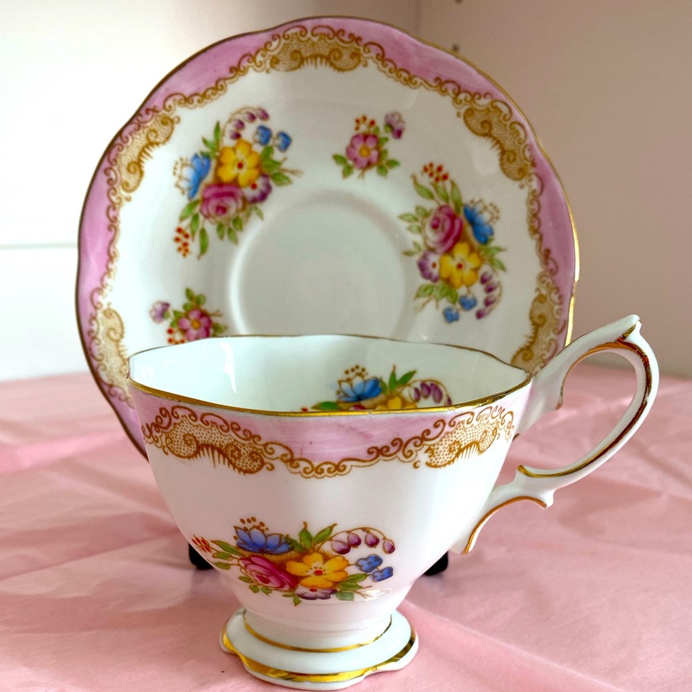 Rare Royal Albert Tea Set with a Pink Border, Scrollwork and Floral Sprays